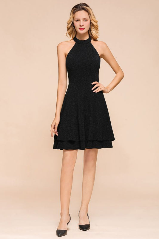 Neckholder-Knielanges Homecoming-Kleid, ärmellos, dunkelgrün, helles Seiden-Abendkleid