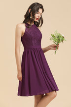 Vestido de dama de honor de encaje con cuello halter, vestido corto sin mangas de gasa