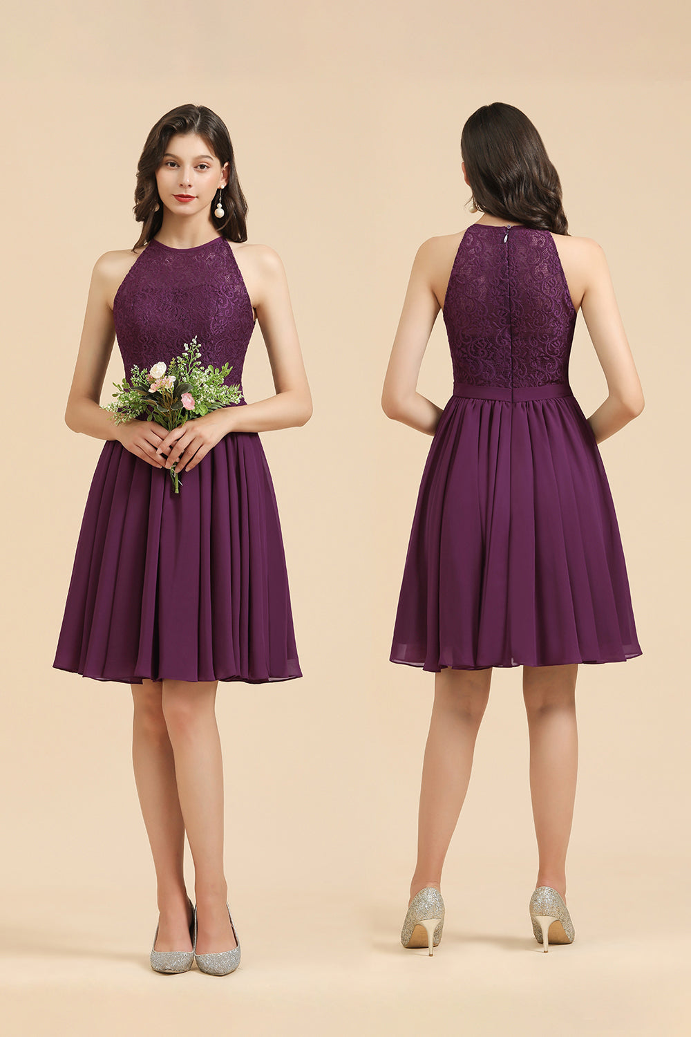 Vestido de dama de honor de encaje con cuello halter, vestido corto sin mangas de gasa