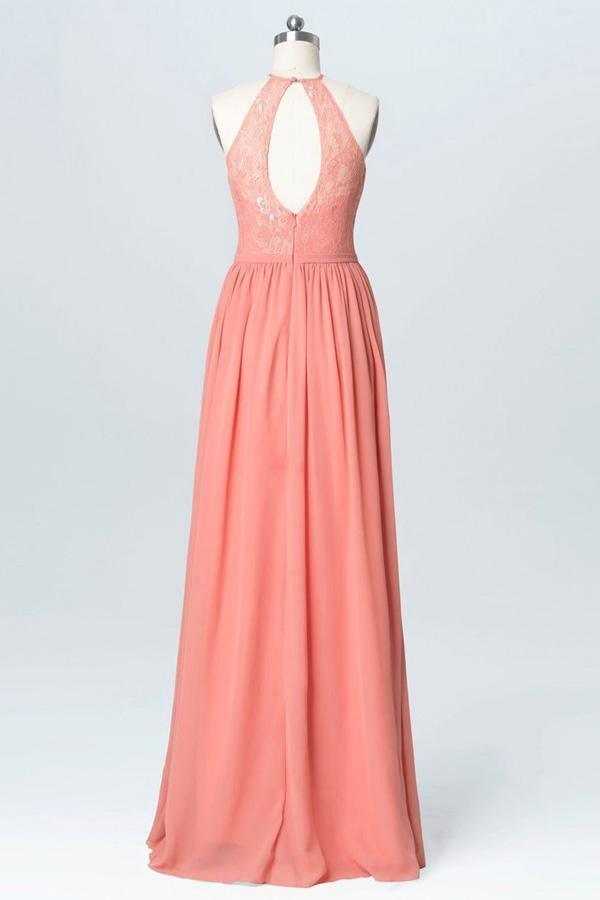 Vestidos de dama de honor largos de gasa con encaje y cuello halter color melocotón BD060