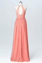 Vestidos de dama de honor largos de gasa con encaje y cuello halter color melocotón BD060
