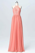 Vestidos de dama de honor largos de gasa con encaje y cuello halter color melocotón BD060