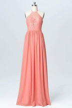 Vestidos de dama de honor largos de gasa con encaje y cuello halter color melocotón BD060