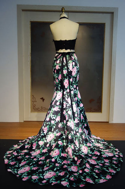 Vestido de fiesta de dos piezas con cuello halter, corte sirena, top de encaje y estampado floral