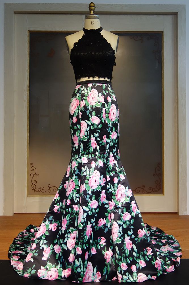 Neckholder Lange Meerjungfrau Zweiteiliges Spitzentop Print Blumen Ballkleider