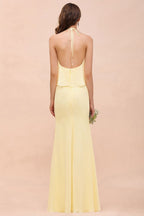 Vestido de dama de honor amarillo de gasa con cuello halter y corte sirena para niña, largo hasta el suelo, para boda en la playa