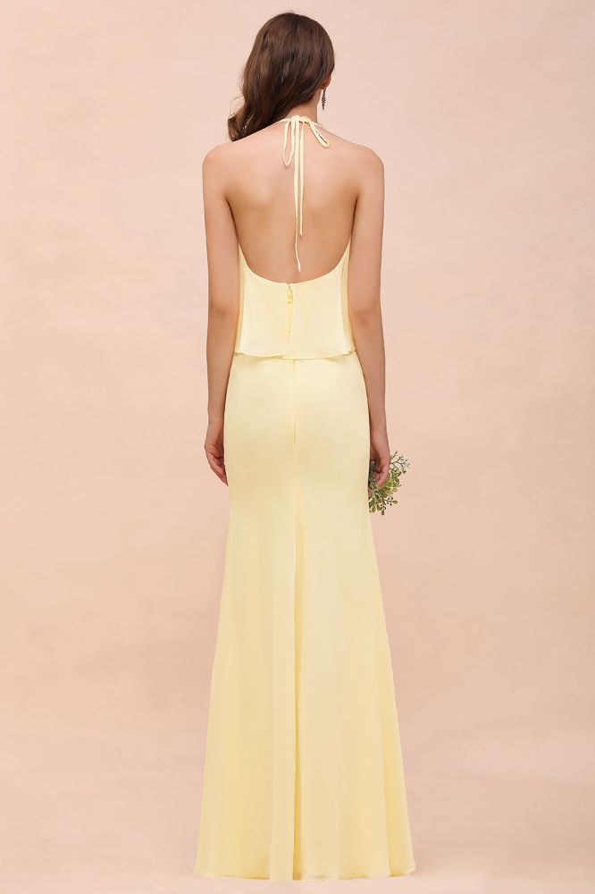 Vestido de dama de honor amarillo de gasa con cuello halter y corte sirena para niña, largo hasta el suelo, para boda en la playa