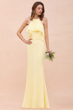 Vestido de dama de honor amarillo de gasa con cuello halter y corte sirena para niña, largo hasta el suelo, para boda en la playa