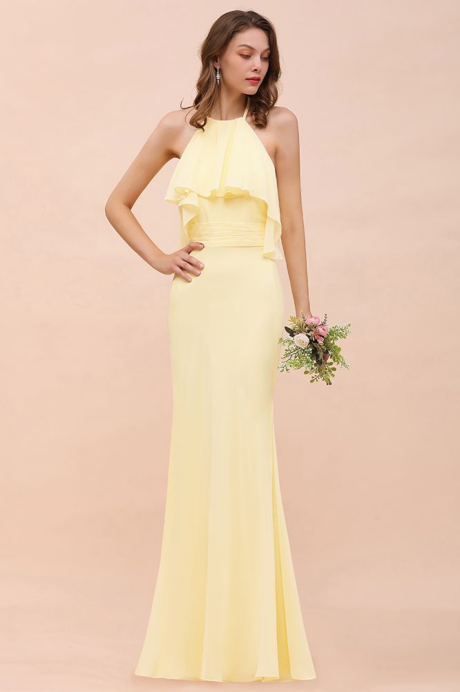 Vestido de dama de honor amarillo de gasa con cuello halter y corte sirena para niña, largo hasta el suelo, para boda en la playa