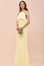 Vestido de dama de honor amarillo de gasa con cuello halter y corte sirena para niña, largo hasta el suelo, para boda en la playa