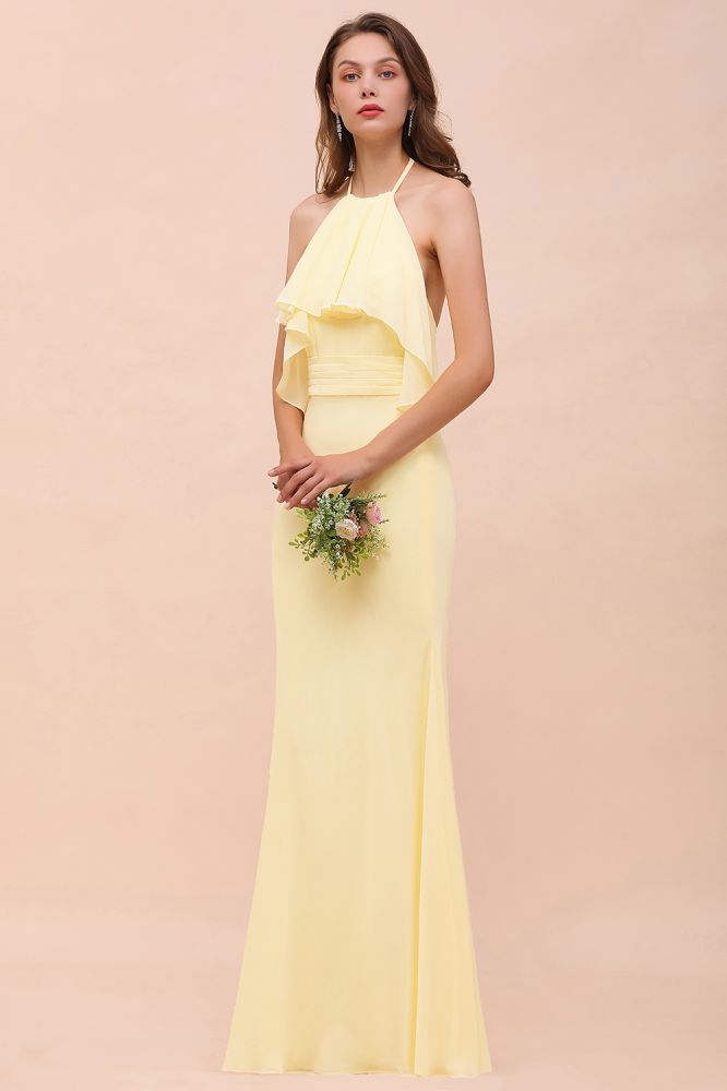 Vestido de dama de honor amarillo de gasa con cuello halter y corte sirena para niña, largo hasta el suelo, para boda en la playa