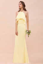 Vestido de dama de honor amarillo de gasa con cuello halter y corte sirena para niña, largo hasta el suelo, para boda en la playa