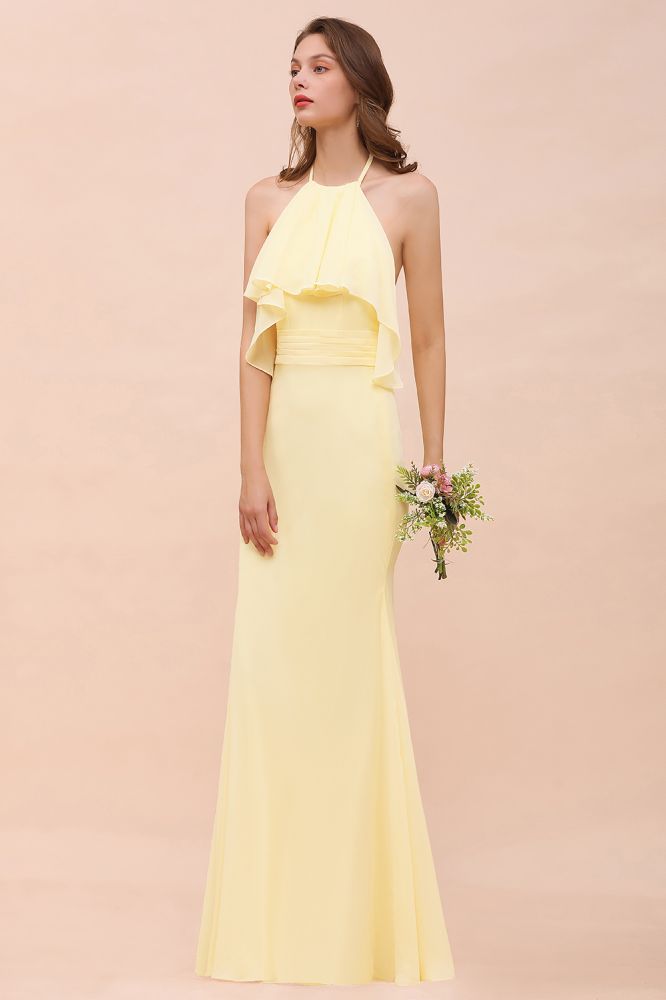 Vestido de dama de honor amarillo de gasa con cuello halter y corte sirena para niña, largo hasta el suelo, para boda en la playa