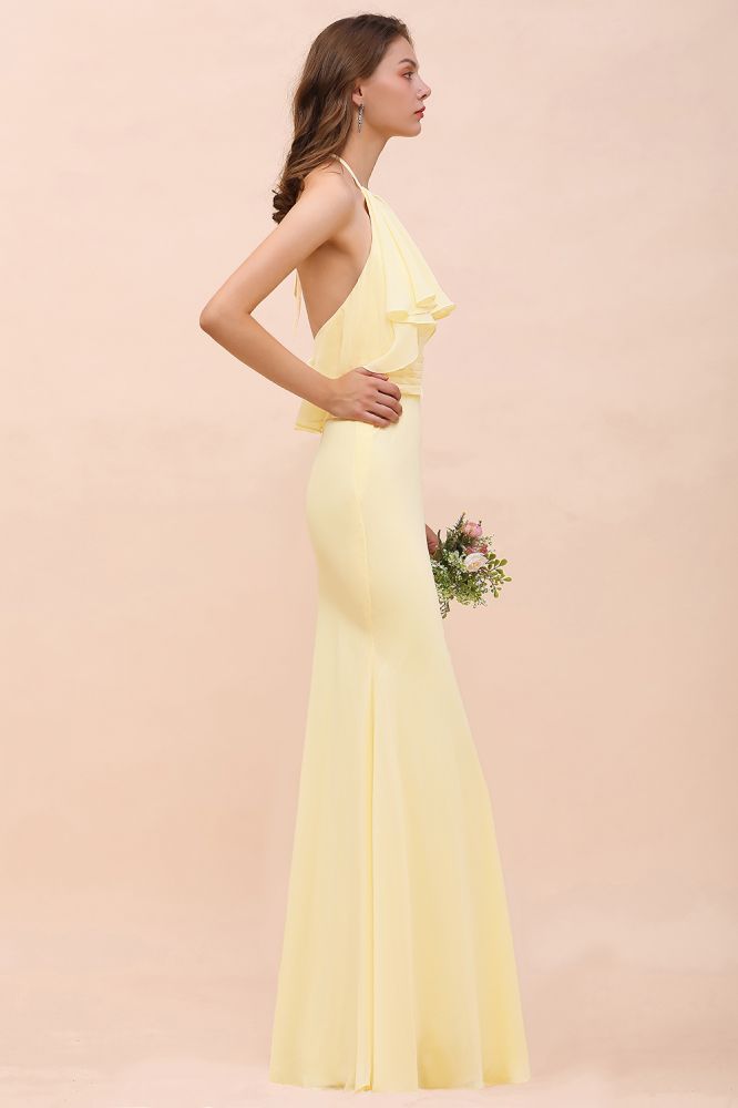 Vestido de dama de honor amarillo de gasa con cuello halter y corte sirena para niña, largo hasta el suelo, para boda en la playa