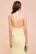 Vestido de dama de honor amarillo de gasa con cuello halter y corte sirena para niña, largo hasta el suelo, para boda en la playa