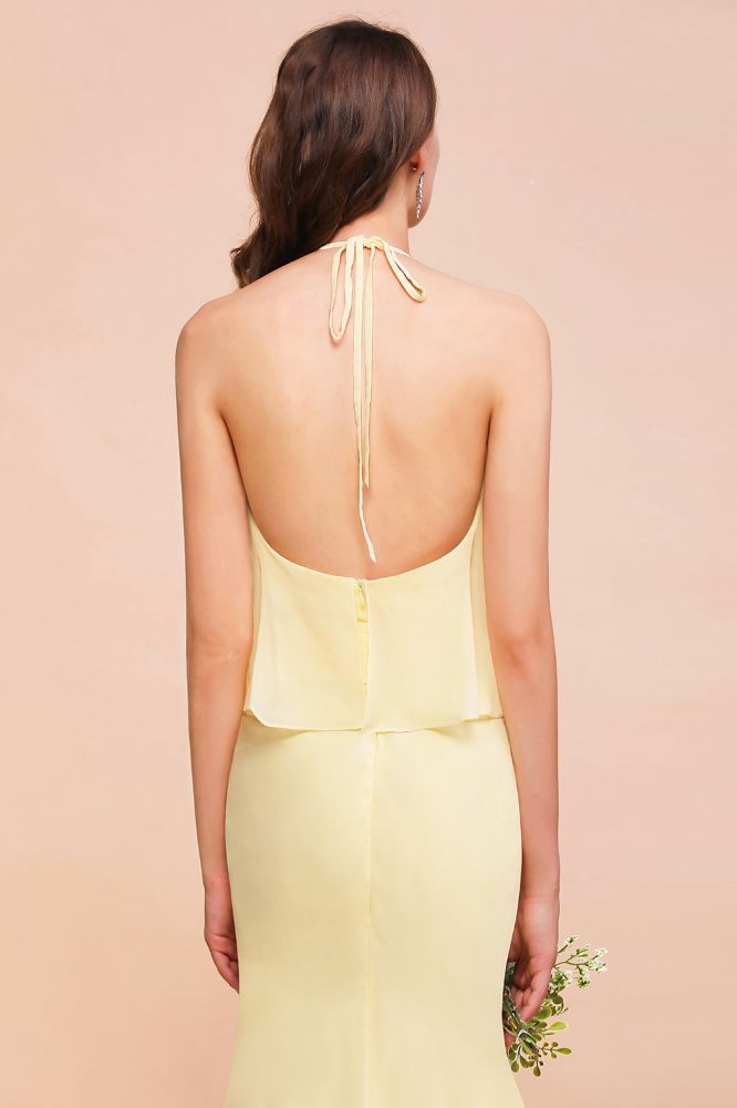 Vestido de dama de honor amarillo de gasa con cuello halter y corte sirena para niña, largo hasta el suelo, para boda en la playa