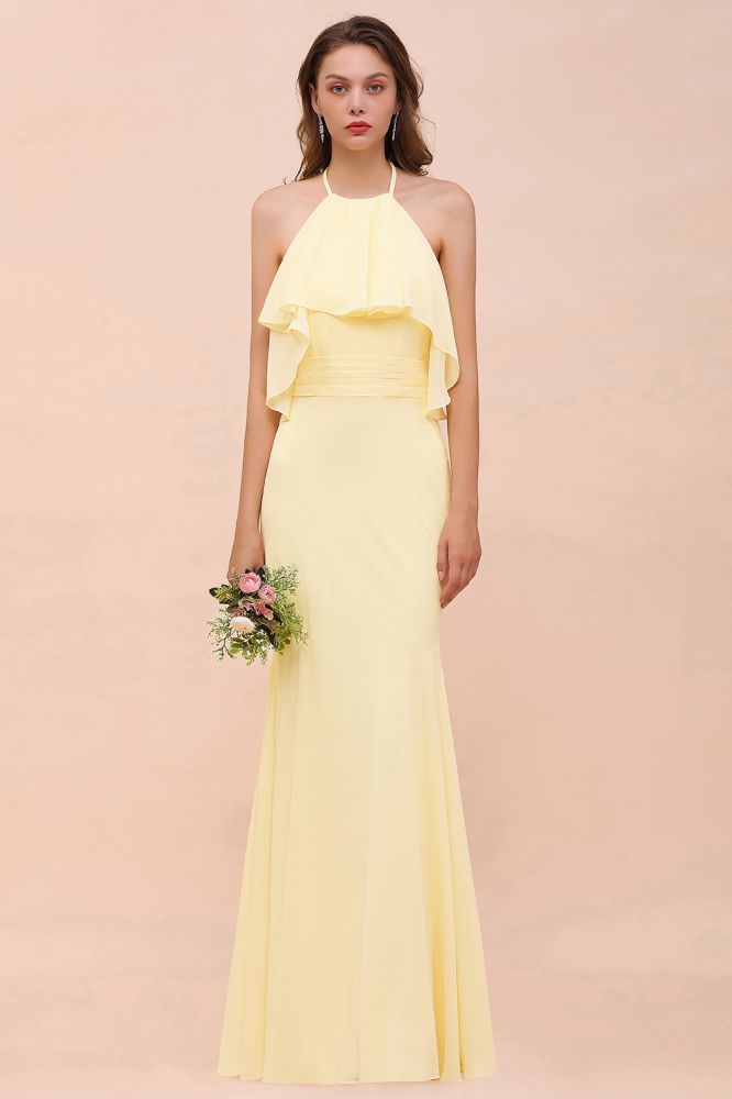 Vestido de dama de honor amarillo de gasa con cuello halter y corte sirena para niña, largo hasta el suelo, para boda en la playa