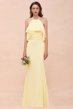 Vestido de dama de honor amarillo de gasa con cuello halter y corte sirena para niña, largo hasta el suelo, para boda en la playa