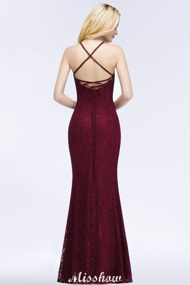 Vestido de noche de sirena con cuello halter y encaje hasta el suelo para dama de honor en color burdeos