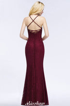 Vestido de noche de sirena con cuello halter y encaje hasta el suelo para dama de honor en color burdeos