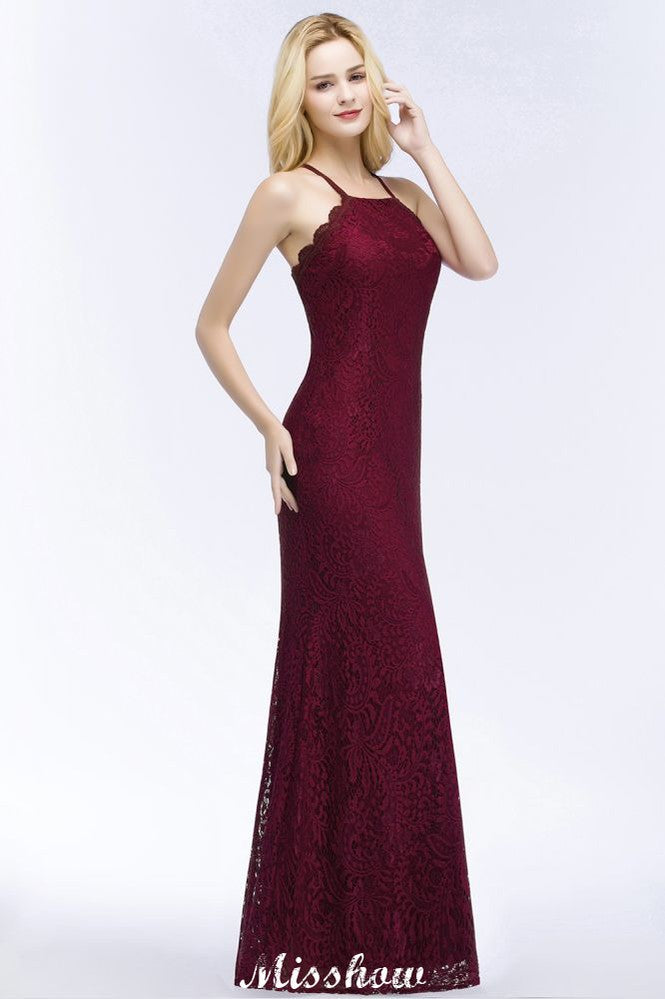 Vestido de noche de sirena con cuello halter y encaje hasta el suelo para dama de honor en color burdeos