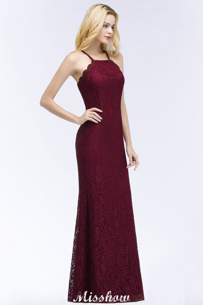 Vestido de noche de sirena con cuello halter y encaje hasta el suelo para dama de honor en color burdeos