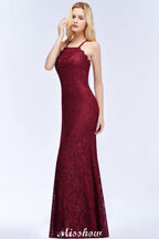 Vestido de noche de sirena con cuello halter y encaje hasta el suelo para dama de honor en color burdeos