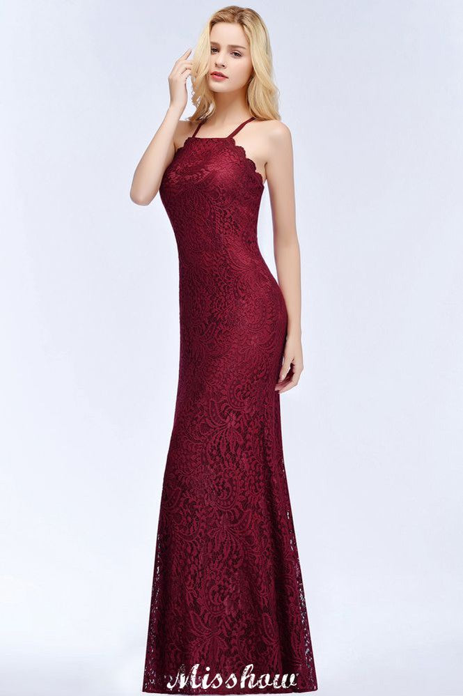 Vestido de noche de sirena con cuello halter y encaje hasta el suelo para dama de honor en color burdeos