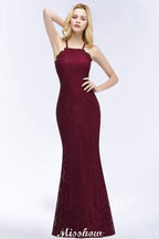 Vestido de noche de sirena con cuello halter y encaje hasta el suelo para dama de honor en color burdeos
