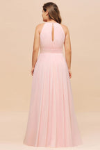 Vestido de dama de honor rosa con cuello halter, de gasa, talla grande, para fiesta de boda para niñas