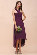 Halter Purple Hi-Lo Bridesmaid Dress Chiffon Cocktail Party Dress