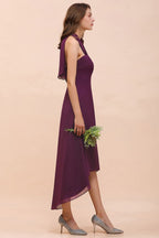 Halter Purple Hi-Lo Bridesmaid Dress Chiffon Cocktail Party Dress