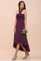 Halter Purple Hi-Lo Bridesmaid Dress Chiffon Cocktail Party Dress