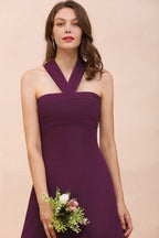 Halter Purple Hi-Lo Bridesmaid Dress Chiffon Cocktail Party Dress