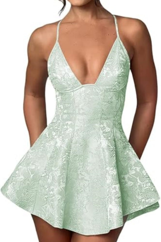 Charmantes Neckholder-Mini-Heimkehrkleid aus Satin mit Rüschen und floralem Jacquard-Muster, kurzes Partykleid für Mädchen