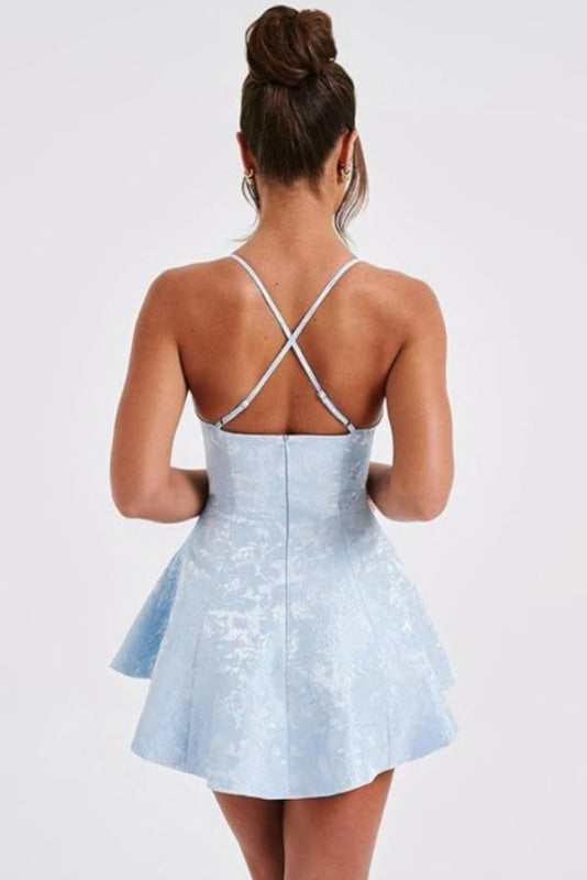 Charmantes Neckholder-Mini-Heimkehrkleid aus Satin mit Rüschen und floralem Jacquard-Muster, kurzes Partykleid für Mädchen