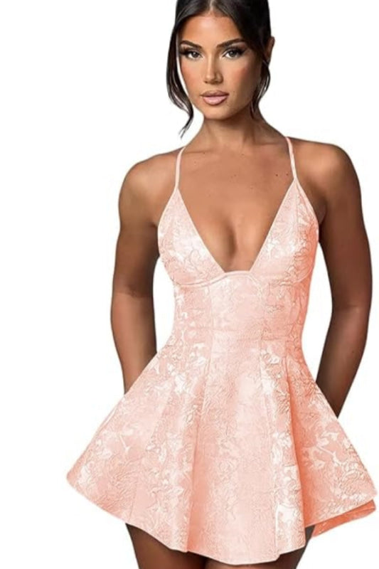 Charmantes Neckholder-Mini-Heimkehrkleid aus Satin mit Rüschen und floralem Jacquard-Muster, kurzes Partykleid für Mädchen