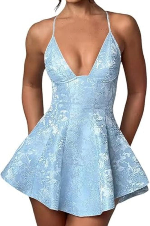 Charmantes Neckholder-Mini-Heimkehrkleid aus Satin mit Rüschen und floralem Jacquard-Muster, kurzes Partykleid für Mädchen