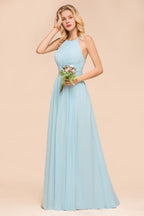 Vestido de dama de honor azul cielo con cuello halter, largo hasta el suelo, sin mangas, corte A, para fiesta online