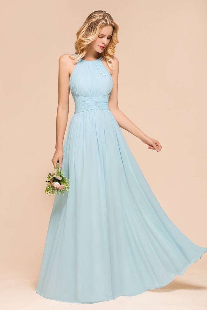 Vestido de dama de honor azul cielo con cuello halter, largo hasta el suelo, sin mangas, corte A, para fiesta online