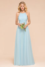 Vestido de dama de honor azul cielo con cuello halter, largo hasta el suelo, sin mangas, corte A, para fiesta online