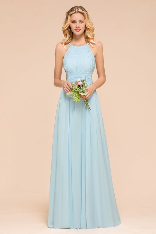 Halter Sky Blue Floor Length Bridesmaid Dress online Sleeveless A-line party Dress