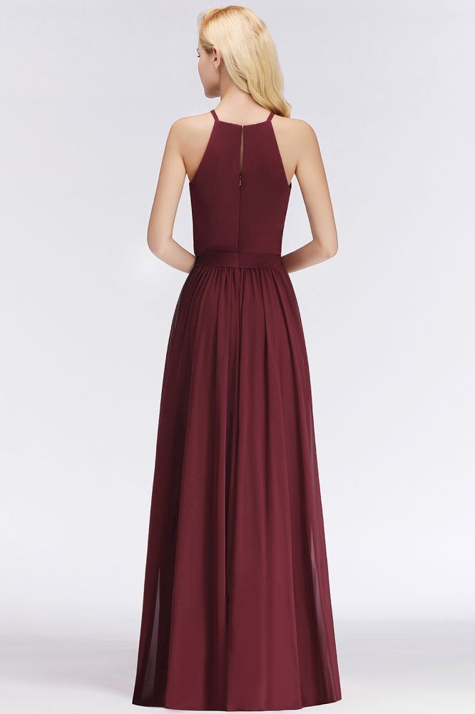 Vestidos de dama de honor de gasa burdeos con volantes y corte A sin mangas y cuello halter
