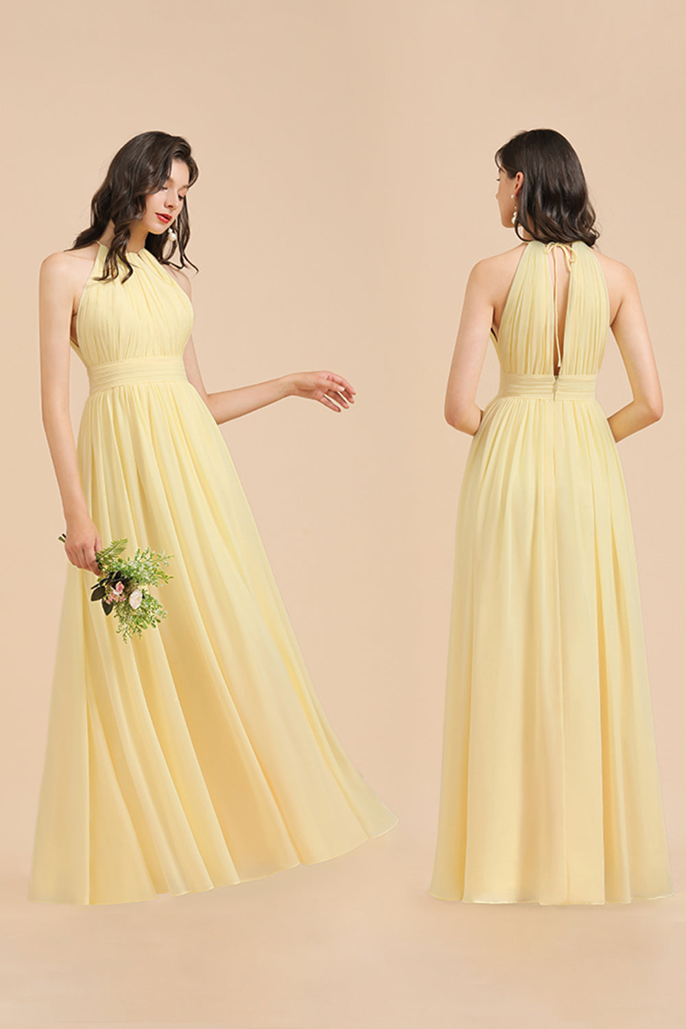 Halter Sleeveless Daffodil Chiffon Bridesmaid Dress with Ruffles