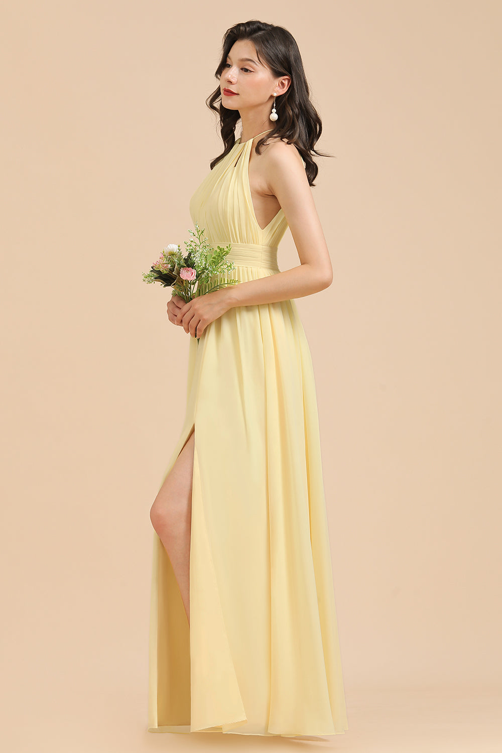 Halter Sleeveless Daffodil Chiffon Bridesmaid Dress with Ruffles