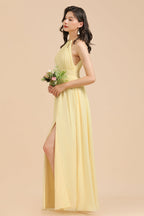 Halter Sleeveless Daffodil Chiffon Bridesmaid Dress with Ruffles