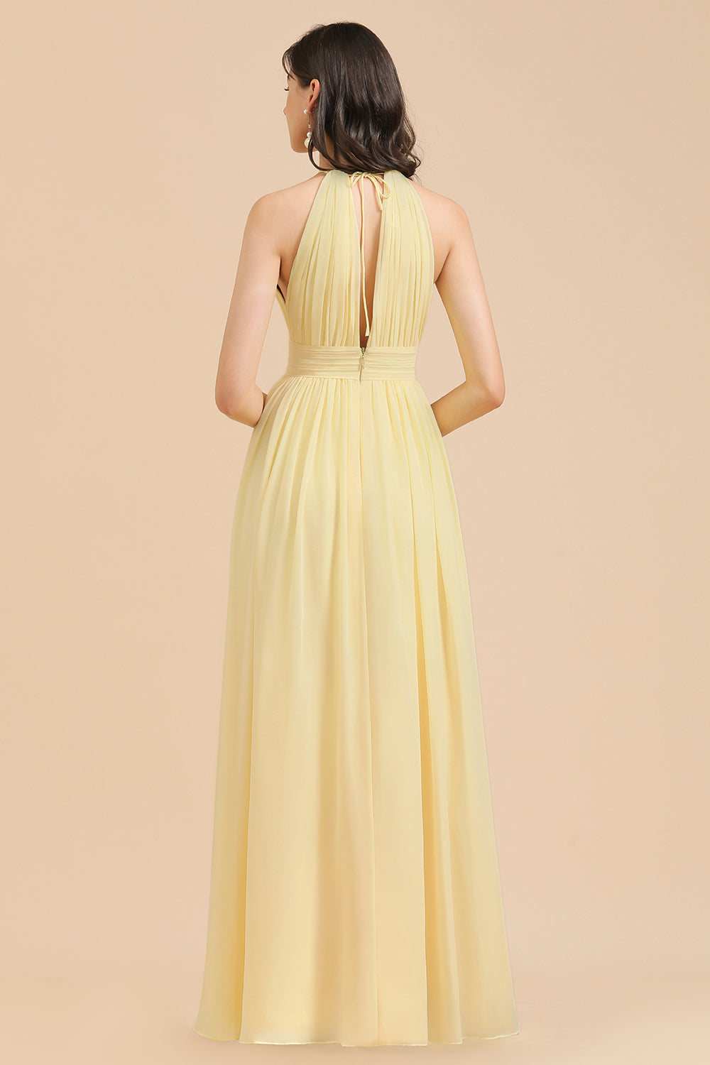 Halter Sleeveless Daffodil Chiffon Bridesmaid Dress with Ruffles