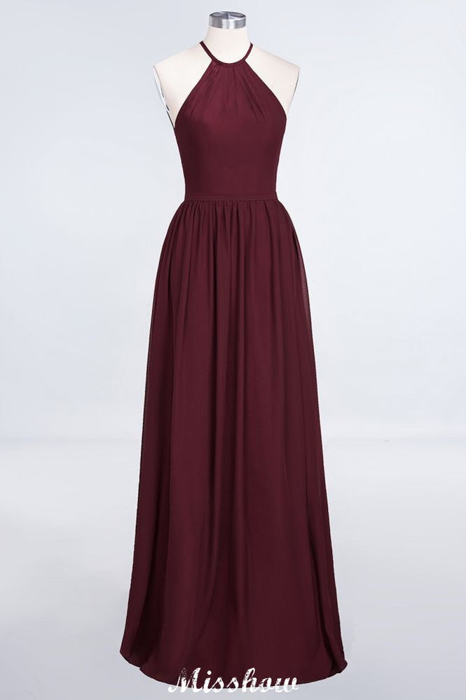Vestido de dama de honor largo hasta el suelo, sin mangas y con cuello halter y volantes