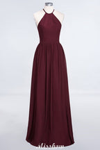Vestido de dama de honor largo hasta el suelo, sin mangas y con cuello halter y volantes