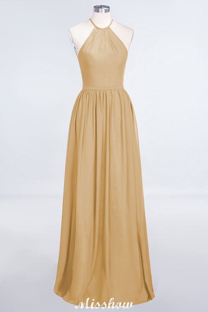 Vestido de dama de honor largo hasta el suelo, sin mangas y con cuello halter y volantes